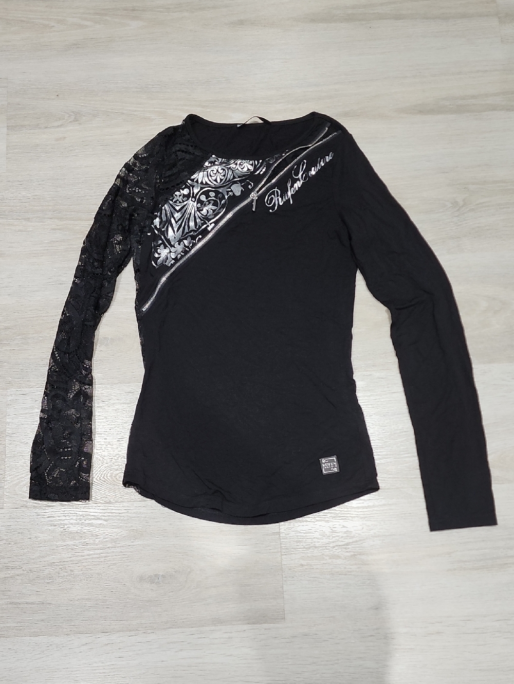 Black Long-Sleeve Lace Detail Tee with Diagonal Metallic Accent